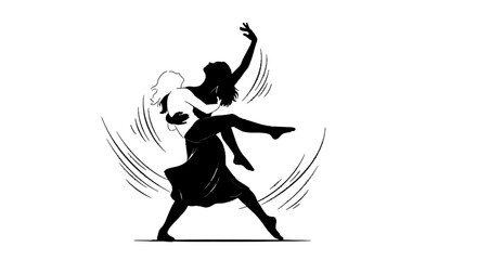 Two people dancing together in a dynamic pose with flowing motion lines.