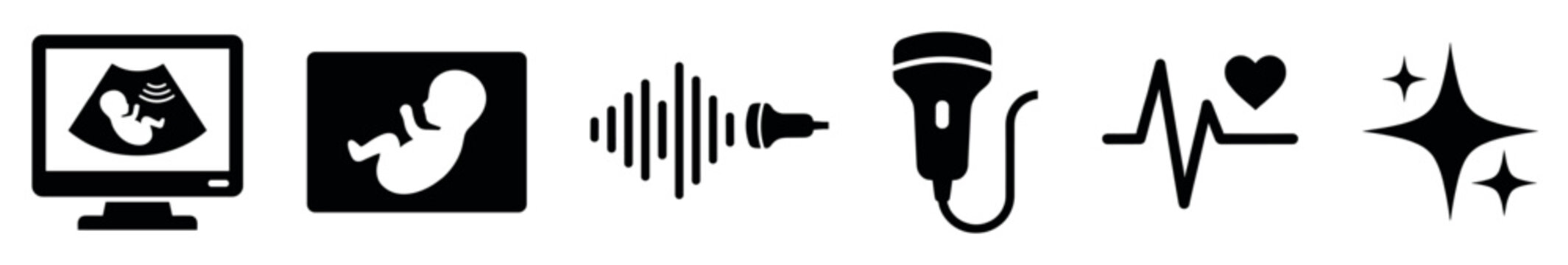 Collection of black silhouette medical icons illustrating prenatal care, fetal monitoring, and diagnostic ultrasound procedures, presented in a clean, graphic style