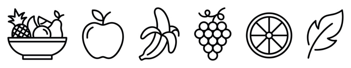 Obraz premium Various black outline fruit icons and a leaf are depicted in a clean, minimalist line art style, showcasing healthy eating and natural elements