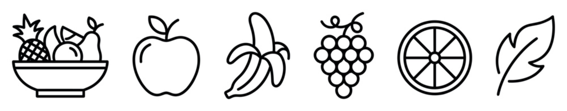 Various black outline fruit icons and a leaf are depicted in a clean, minimalist line art style, showcasing healthy eating and natural elements
