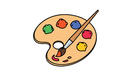 Traditional wooden paint palette with various colorful blobs of paint and a brush for art and education supplies.