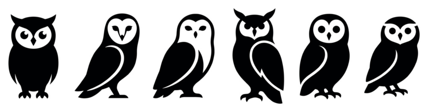Six stylized black and white owl icons are arranged in a horizontal row, showcasing various graphic designs of these nocturnal birds with distinct facial features and body shapes