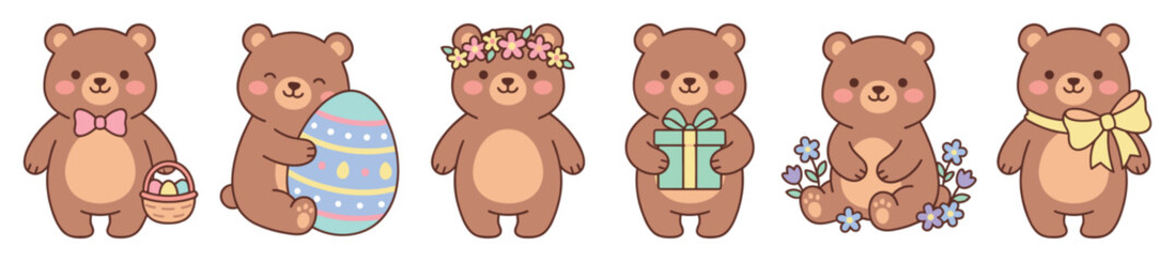 Six adorable cartoon brown bears are depicted in a charming collection of various poses and festive accessories, showcasing a cheerful and sweet mood