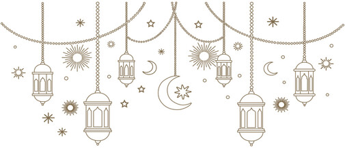 Ramadan kareem islamic hanging lanterns and crescent moon frame line art vector for eid mubarak celebration. © trendystore 