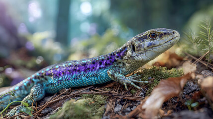 Naklejka premium Vibrant lizard basking on the forest floor, showcasing its stunning colors under gentle sunlight filtering through trees