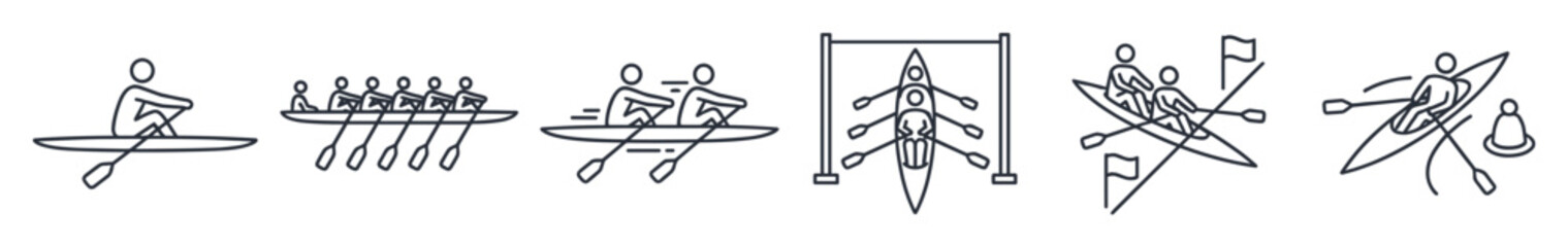 Obraz premium Various black line art rowing and kayaking icons depicting different water sports activities, including single paddlers, crew boats, and racing scenes, rendered with a clean, minimalist aesthetic