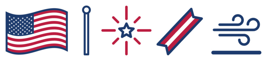 Fototapeta premium Collection of patriotic American-themed flat icons, including a waving flag, flagpole, starburst, ribbon, and wind, rendered in a clean, minimalist style with red, white, and blue colors