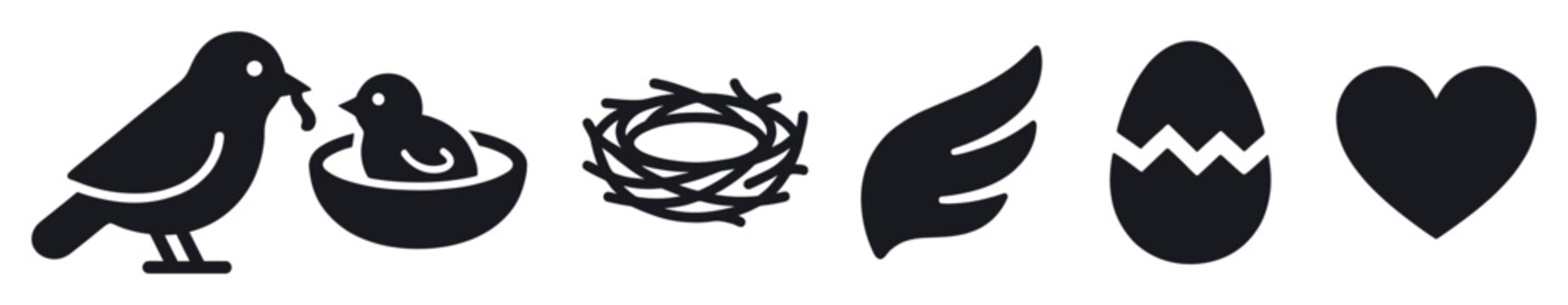 Six black silhouette bird and nature icons, including a standing bird, a chick in a nest, an empty nest, a wing, a cracked egg, and a heart, presented in a simple, graphic style