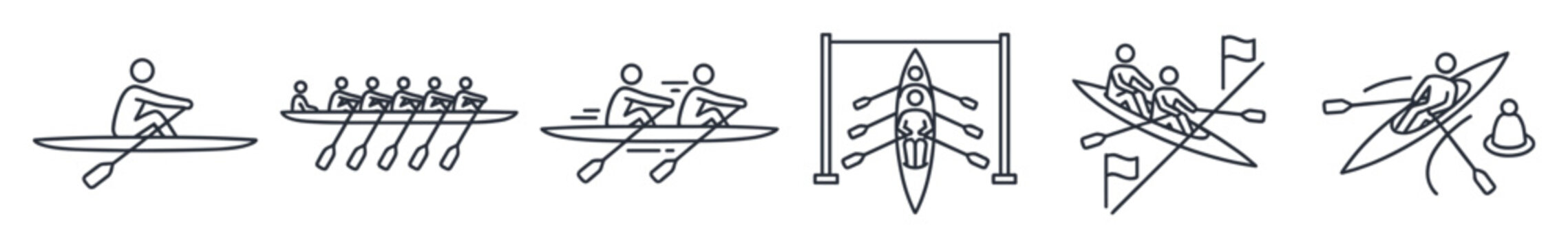 Various black line art rowing and kayaking icons depicting different water sports activities, including single paddlers, crew boats, and racing scenes, rendered with a clean, minimalist aesthetic