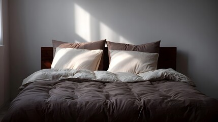 Obraz premium A modern bedroom bed with soft linens and pillows illuminated by gentle sunlight casting shadows