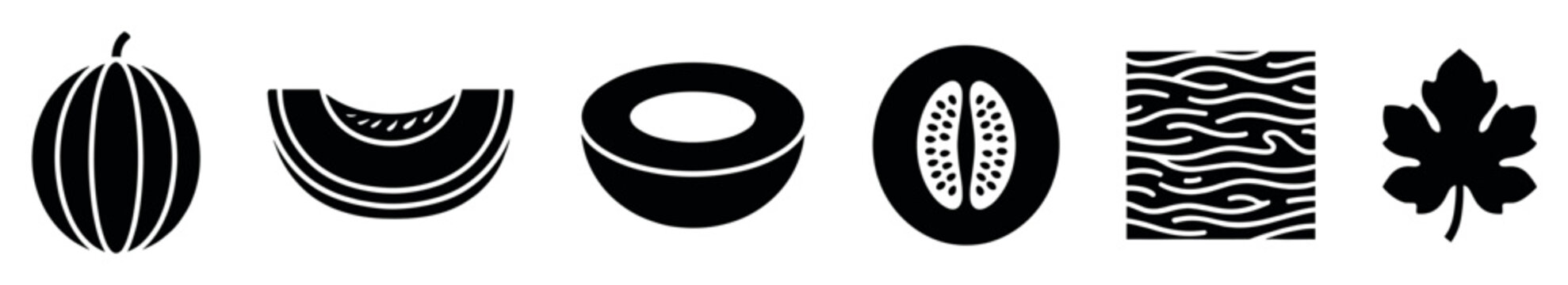 Various black melon and cucumber silhouette icons illustrate different fruit forms, slices, cross-sections, and leaf details in a clean, graphic style