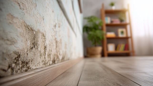 Mold growing on interior wall corner in residential apartment creating unhealthy living conditions and moisture damage problem for home maintenance insurance or indoor air quality awareness