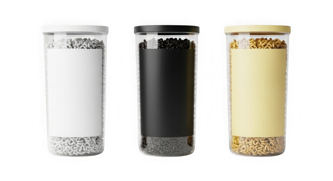 Three cylindrical kitchen storage jars in white, black, and yellow isolated on transparent background