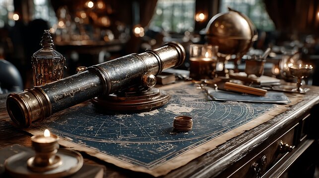 Cosmic night sky art over desk with astronomy equipment images