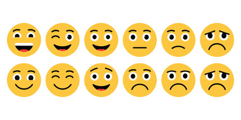 Fototapeta premium Emoticons icons set, vector emoji faces collection in flat style, depicting happy, smile, neutral, sad, and angry expressions, line smiley faces for messaging apps, social interaction, professional