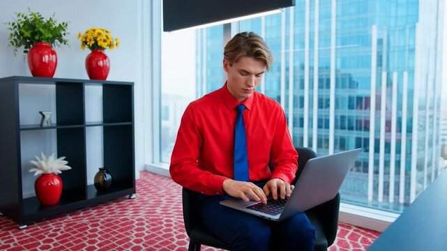 Young businessman working on laptop in modern office with city view