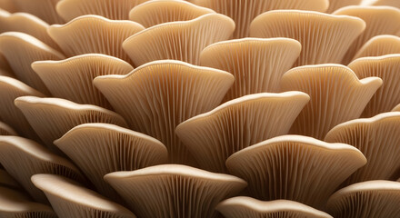 Obraz premium Close-up texture of oyster mushroom gills | Natural pattern of edible fungi caps | Organic food ingredient macro details | Delicate pleurotus ostreatus structure
