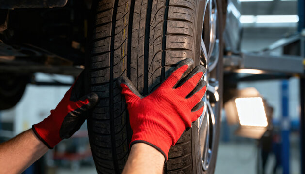 Automotive mechanic hands in red protective gloves checking car tire tread on lifted vehicle in modern service garage, professional auto repair maintenance inspection safety transport industry concept