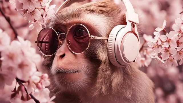 Stylish Monkey with Headphones in Cherry Blossoms
