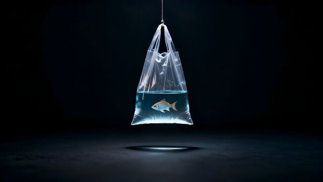 Single fish in a plastic bag suspended under a spotlight in a dark minimalist space