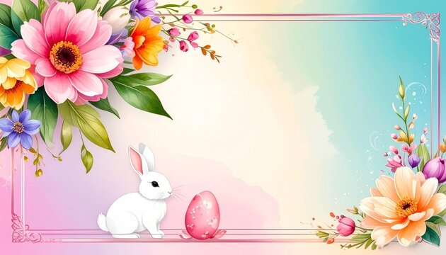 A pastel floral border with vibrant blossoms in pink, purple, yellow, and blue, framing a blank