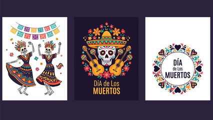 Naklejka premium Day of the Dead celebration banners feature traditional Mexican motifs including dancing skeletons sugar skulls and festive floral wreaths.