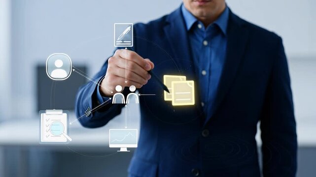 Businessman interacting with digital interface icons for data management and communication