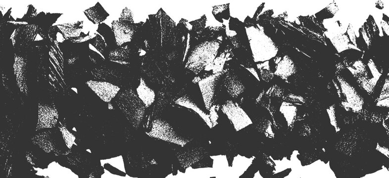 Abstract monochromatic texture of sharp jagged fragments and scattered dots black white pattern