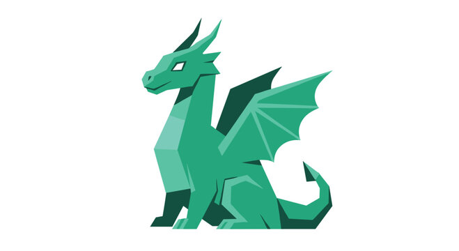 A stylized green dragon created with geometric shapes and sharp angles sits upright on a white background featuring various shades of emerald.