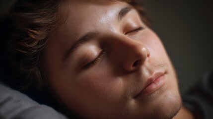 Fototapeta premium Young person sleeping peacefully eyes closed in a moment of quiet repose