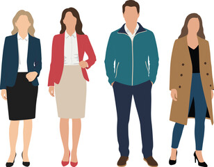 Obraz premium Vector illustration of four people in different clothing styles, business attire, casual fashion, workplace outfits, lifestyle design, modern apparel artwork