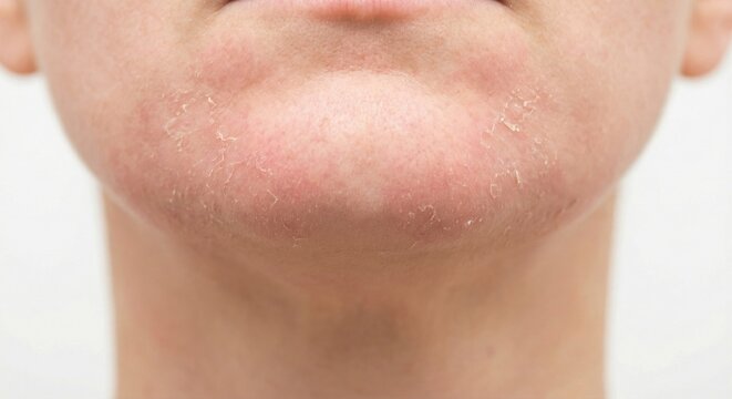 Close-up of red flaky skin on chin from retinol reaction