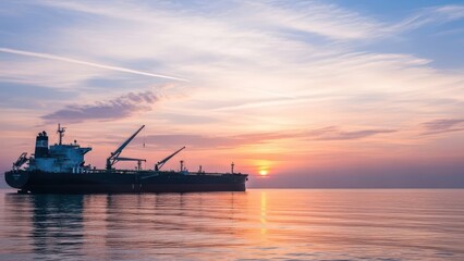 Cargo ship silhouette on calm water at sunset transportation logistics