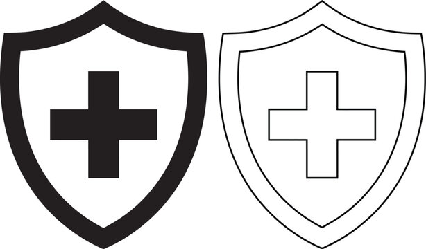Medical protection shield icon with a cross for healthcare insurance branding and first aid safety projects illustrating hospital security, emergency care, and clinical defense.