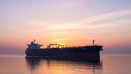 Fototapeta premium Silhouette of a large cargo ship on calm water at sunset