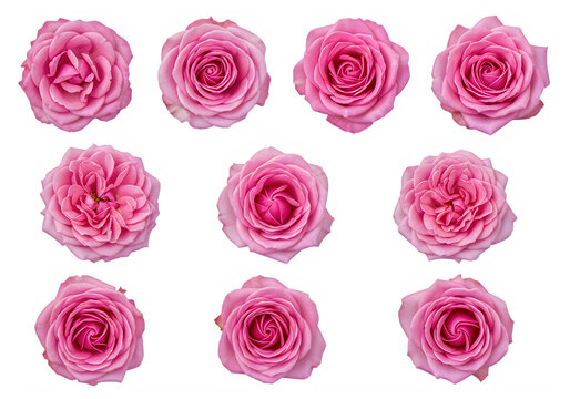 Beautiful collection of pink roses in full bloom arranged in a grid isolated on transparent background