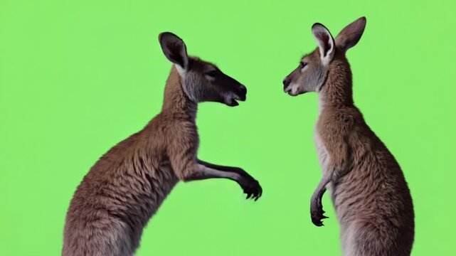 Two kangaroos standing facing each other on green screen