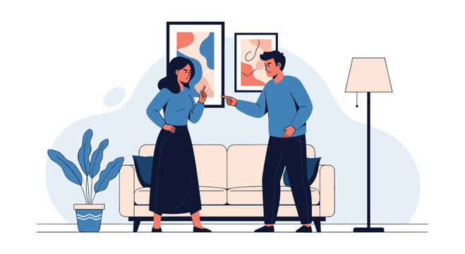 A young couple having a serious argument in their living room, pointing fingers at each other and showing signs of conflict and disagreement.