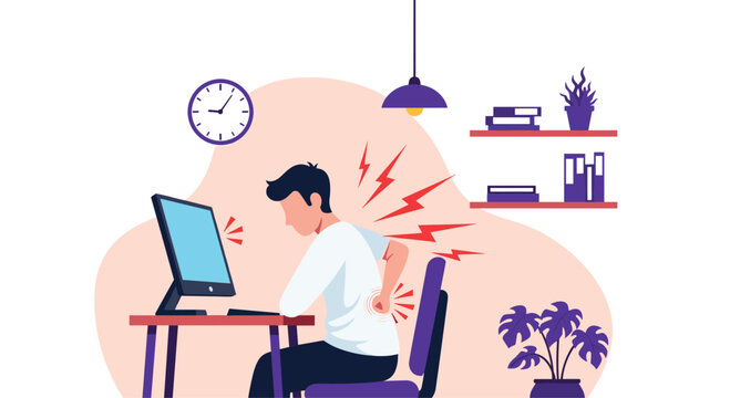 A man suffering from back and neck pain while working long hours at his computer, illustrating the health risks of a sedentary office job.