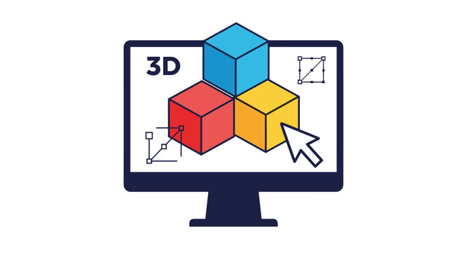 A computer monitor displaying a 3D modeling software interface, with colorful cubes being manipulated by a cursor for digital design.
