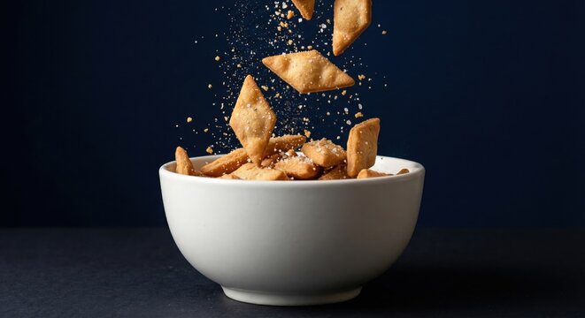 Golden namak pare falling into a white bowl