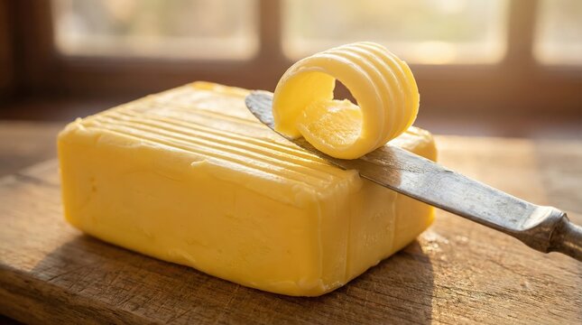 Freshly curled butter on a wooden surface with a knife