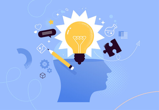 Design Thinking Concept. Vector illustration in modern flat style of human head with glowing light bulb and creative symbols. Concept of idea generation, imagination and creative thinking