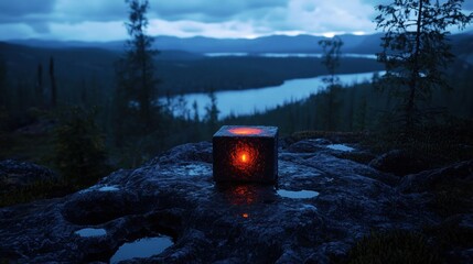 A mysterious glowing cube sits atop a rocky outcropping, overlooking a serene lake and a forested mountain range.