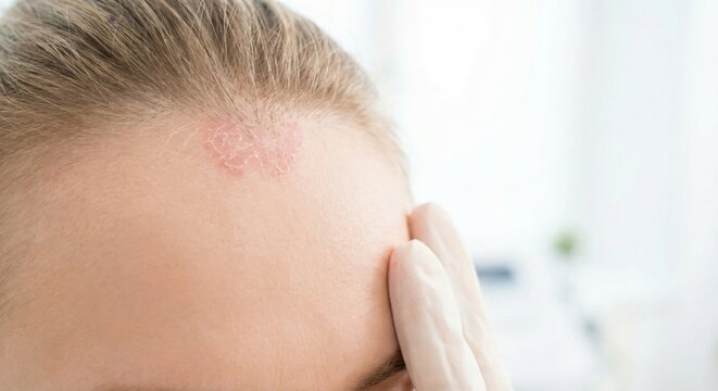 Dermatologist examining red skin irritation on forehead