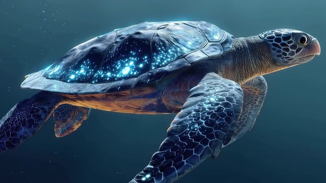 Bioluminescent sea turtle gliding underwater with glowing shell particles in blue ocean