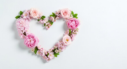 Obraz premium A beautiful heart shape formed with delicate pink roses and blossoms on a white background, symbolizing love and romance.