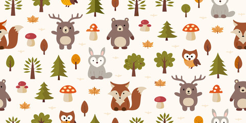 Fototapeta premium Whimsical forest pattern featuring adorable animals and autumn foliage