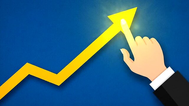 Hand guiding a rising yellow arrow on a blue background.