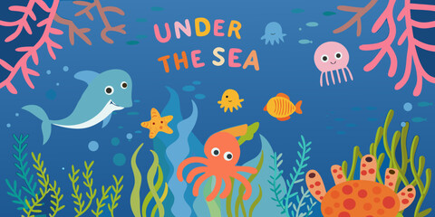 Colorful illustration depicts marine life under the sea with cheerful characters © krishna